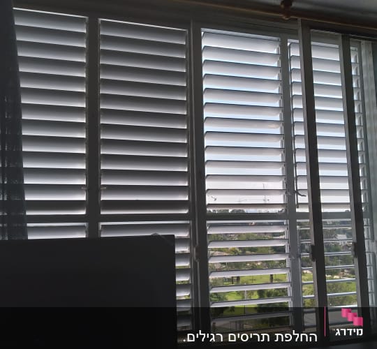 תריסי אלומיניום לבנים בחלון גדול